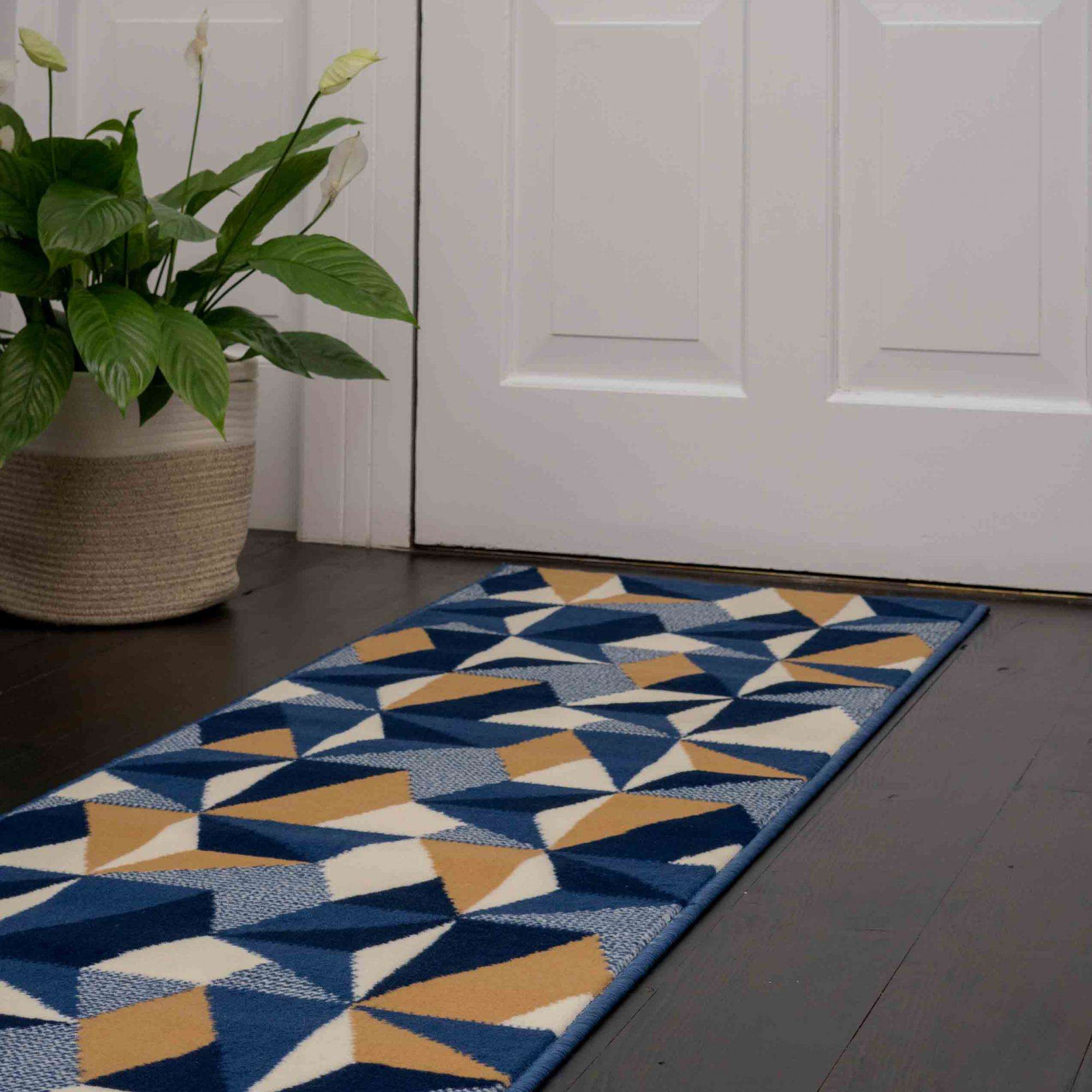 Blue Grey Modern Geometric Hall Runner Rugs - Image 2
