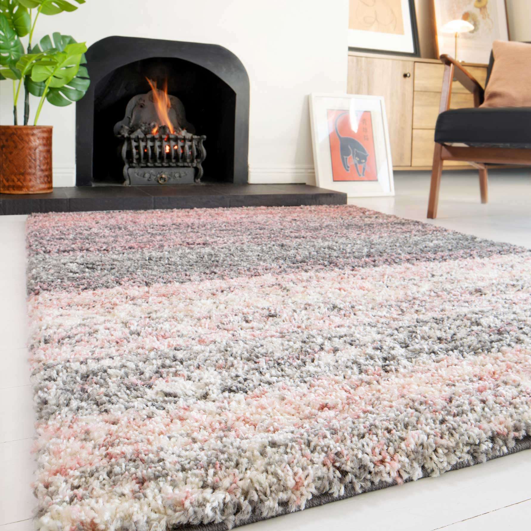 Blush Pink Stripe Shaggy Rug - Image 3