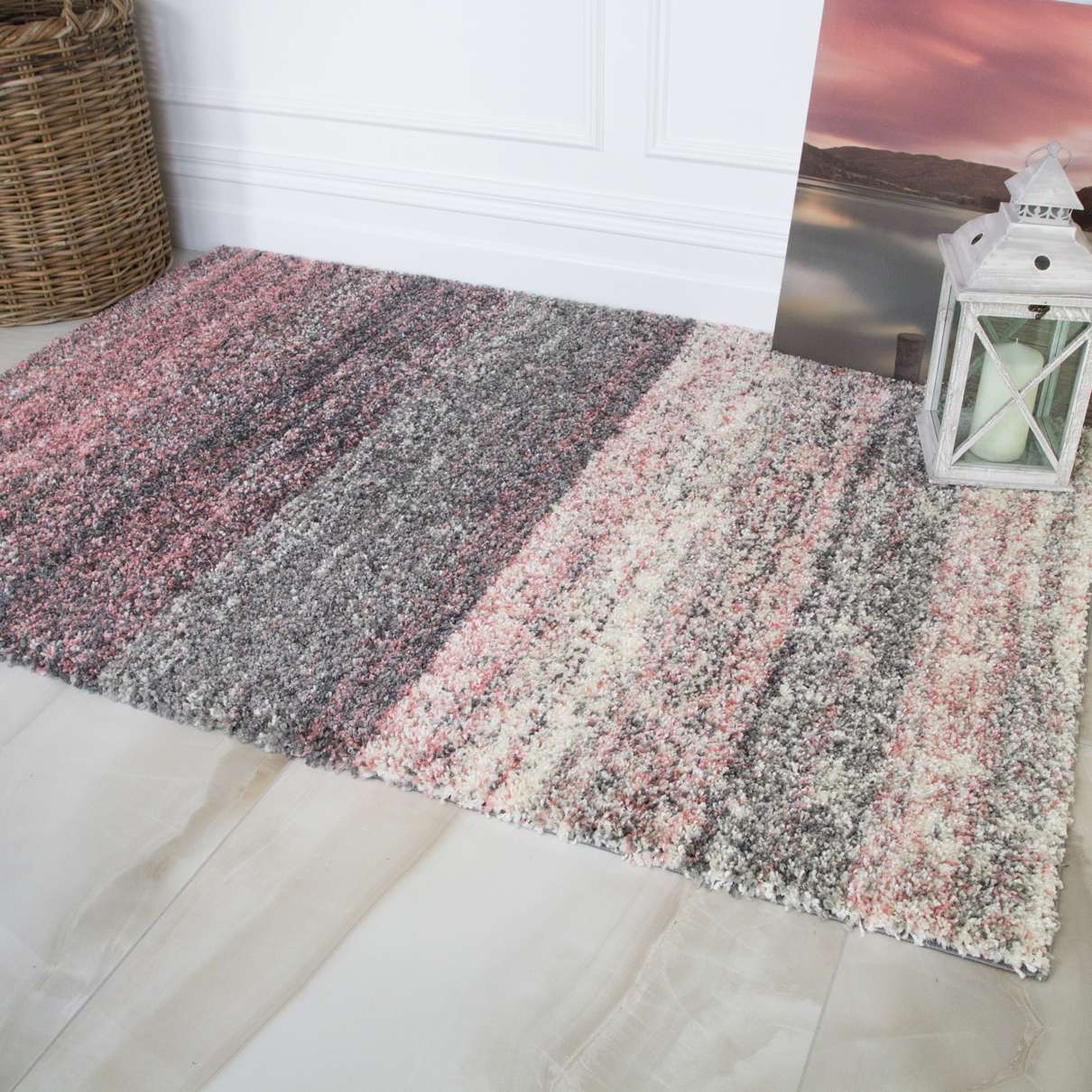 Blush Pink Stripe Shaggy Rug - Image 7