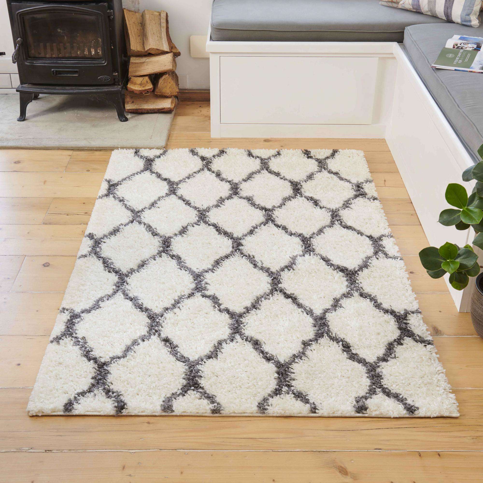Cream Moroccan Trellis Shaggy Runner Rug - Image 6