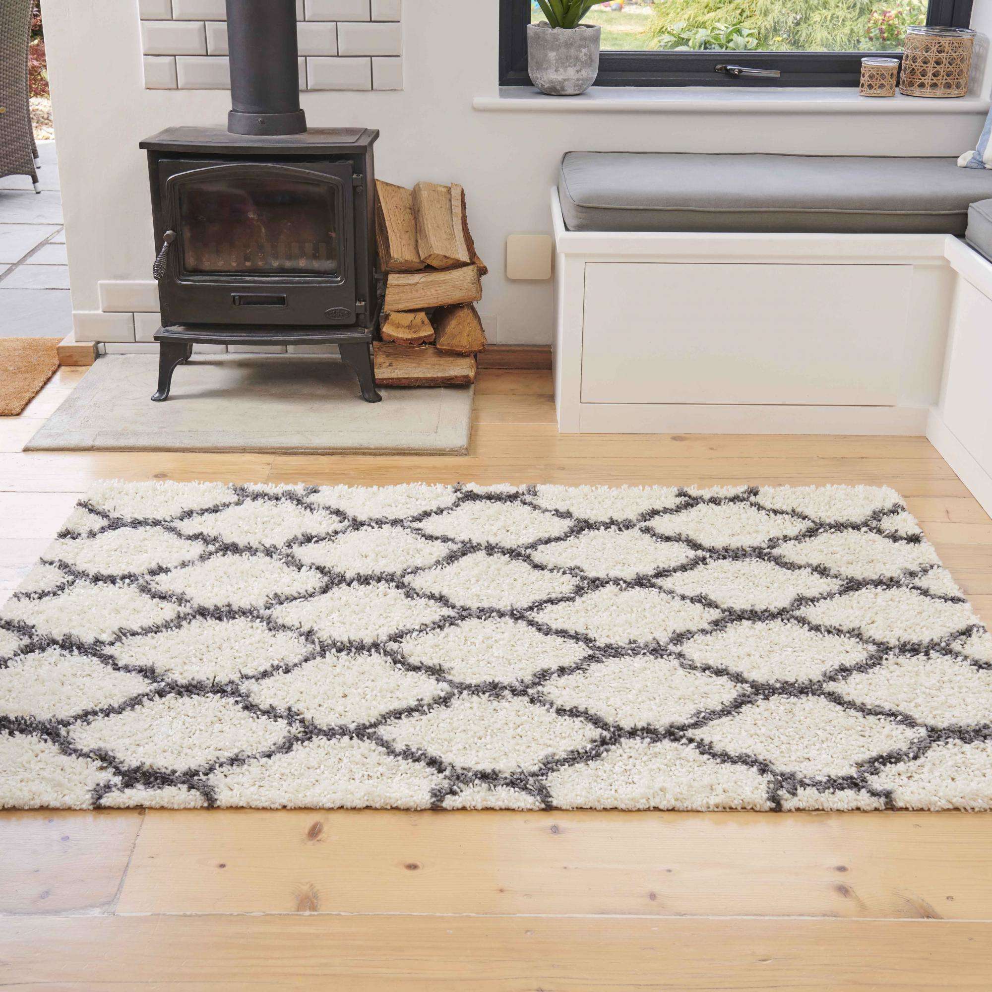 Cream Moroccan Trellis Shaggy Runner Rug - Image 7