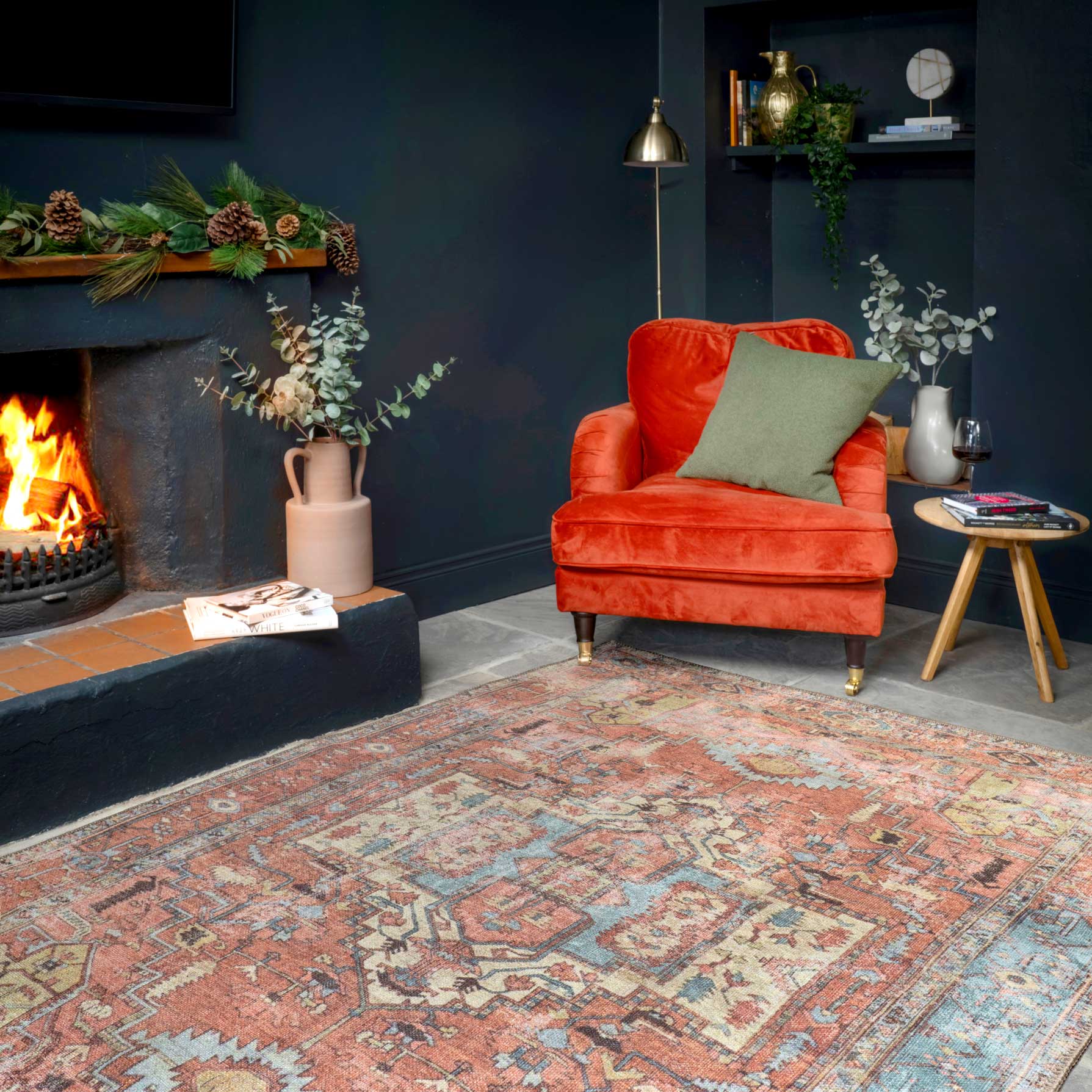 Flatwoven Washable Distressed Terracotta Aztec Boho Rug - Yana - Image 5
