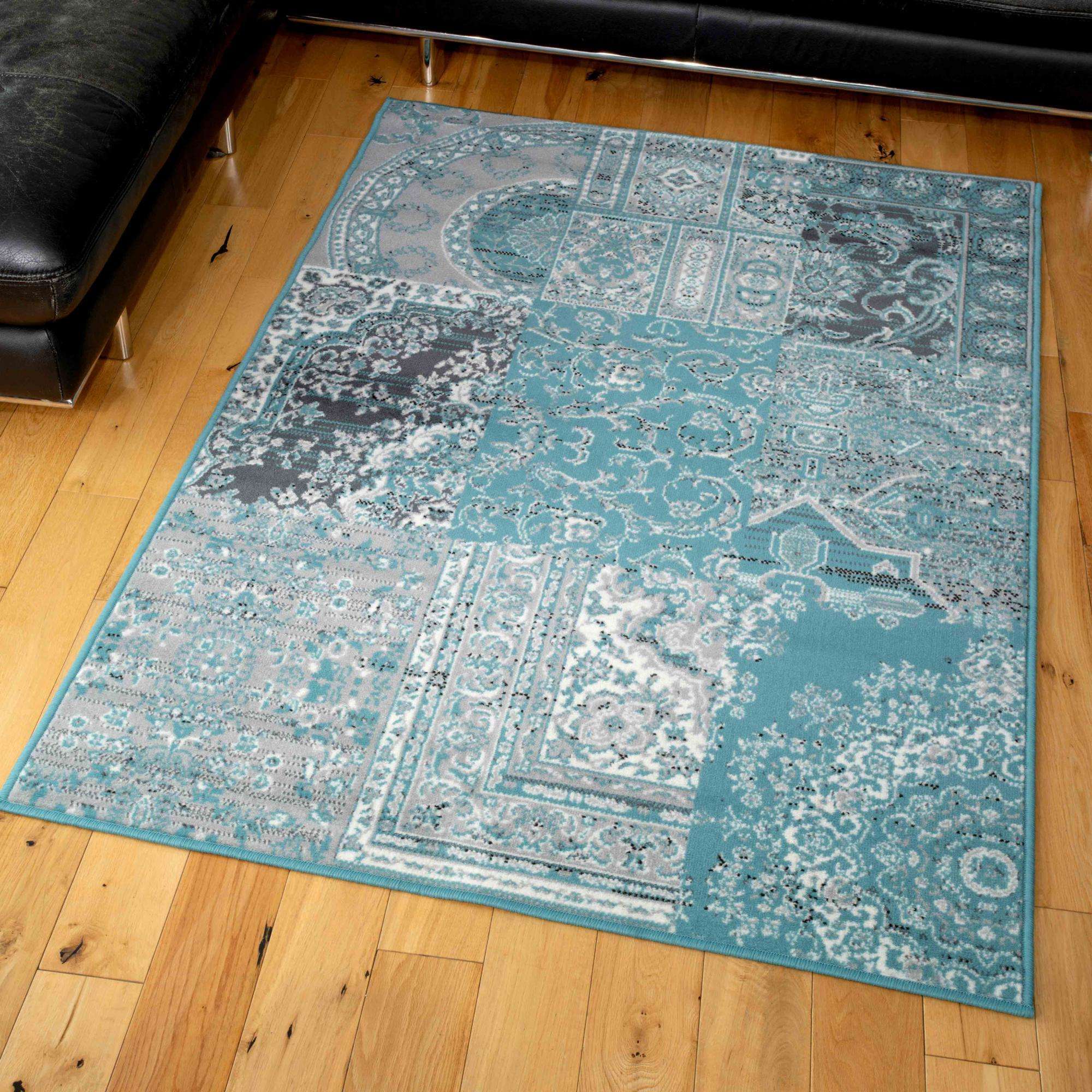 Duck Egg Traditional Patchwork Living Room Rug - Image 3