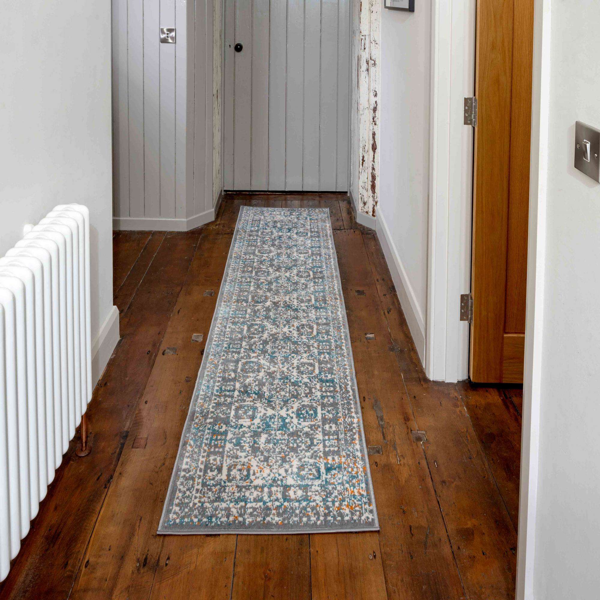 Faded Distressed Light Blue Grey Oriental Pattern Rug - Image 6