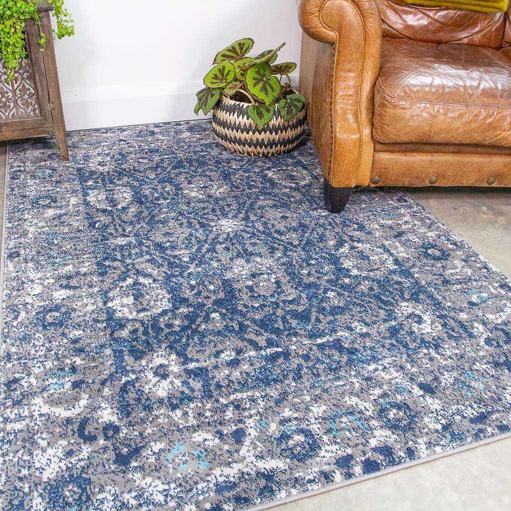 Faded Distressed Navy Oriental Pattern Rug