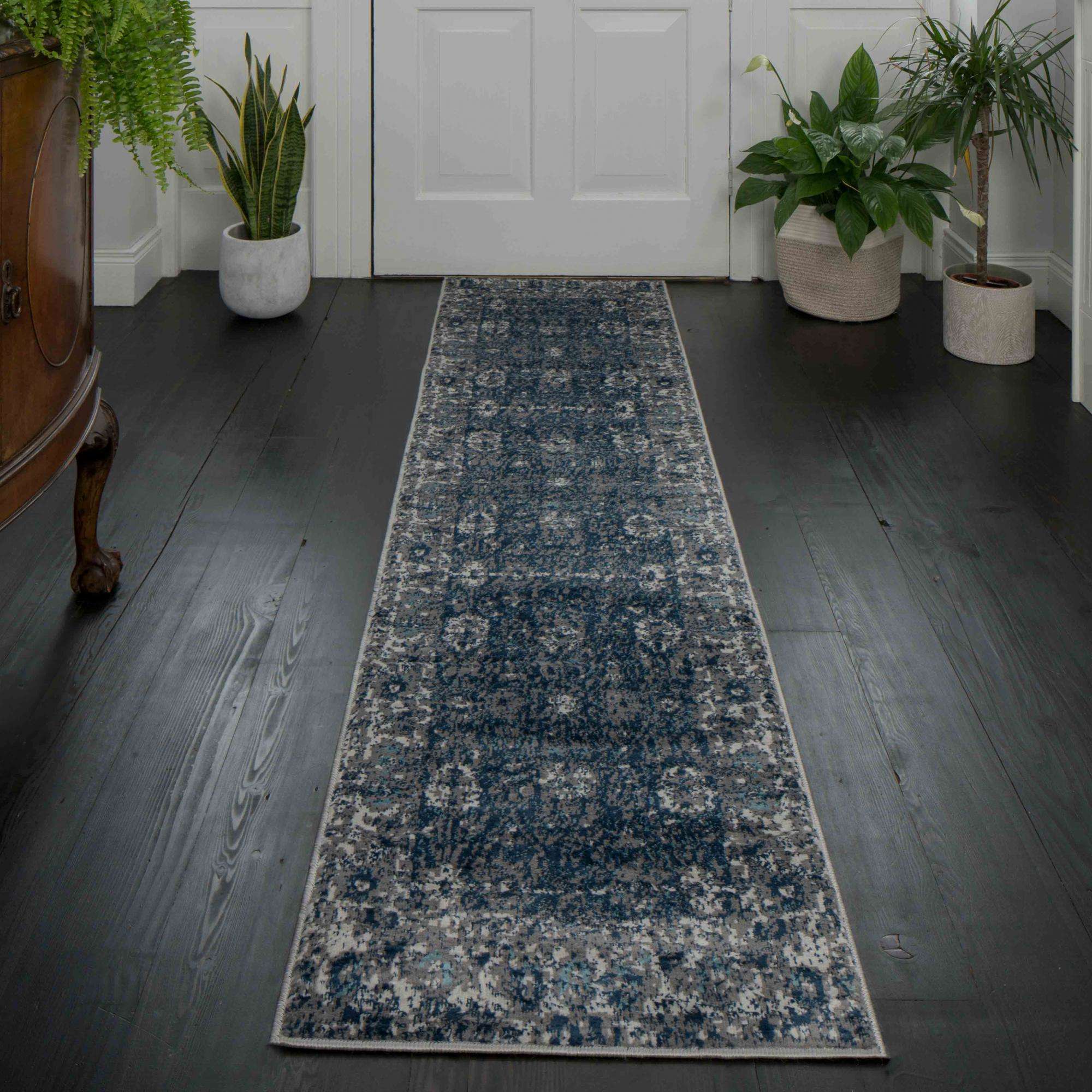 Faded Distressed Navy Oriental Pattern Runner Rug