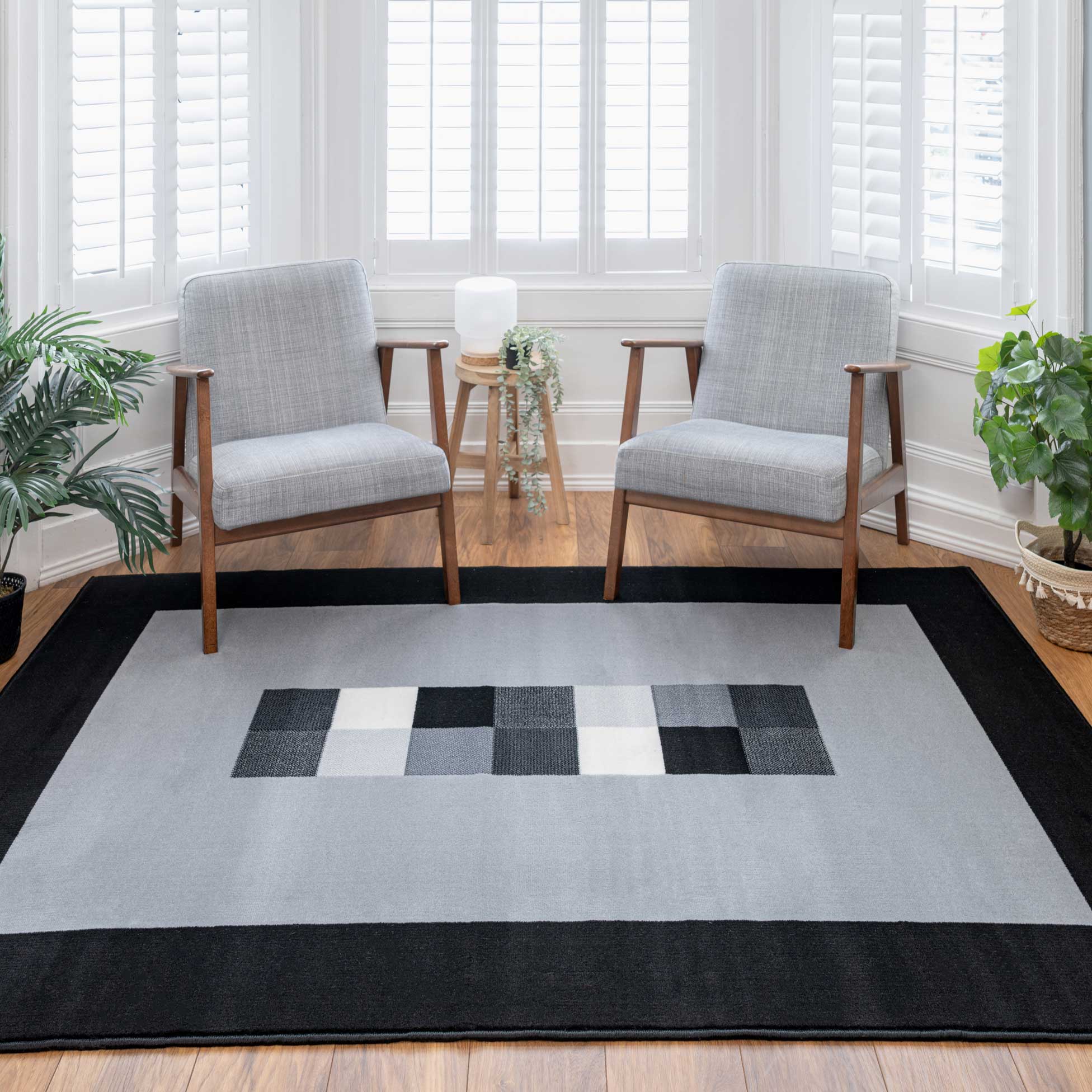 Geometric Bordered Black and Grey Rug - Image 3