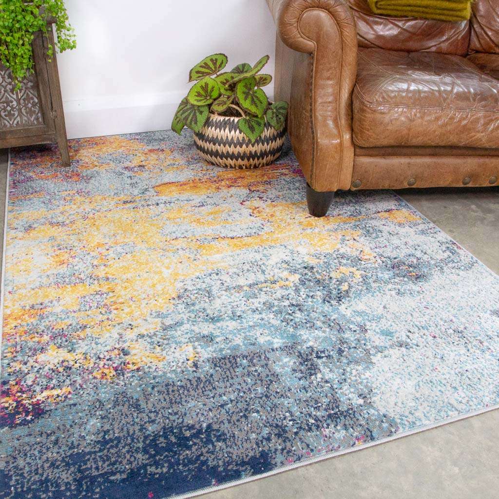 Gold Blue Distressed Living Room Runner Rug - Image 8