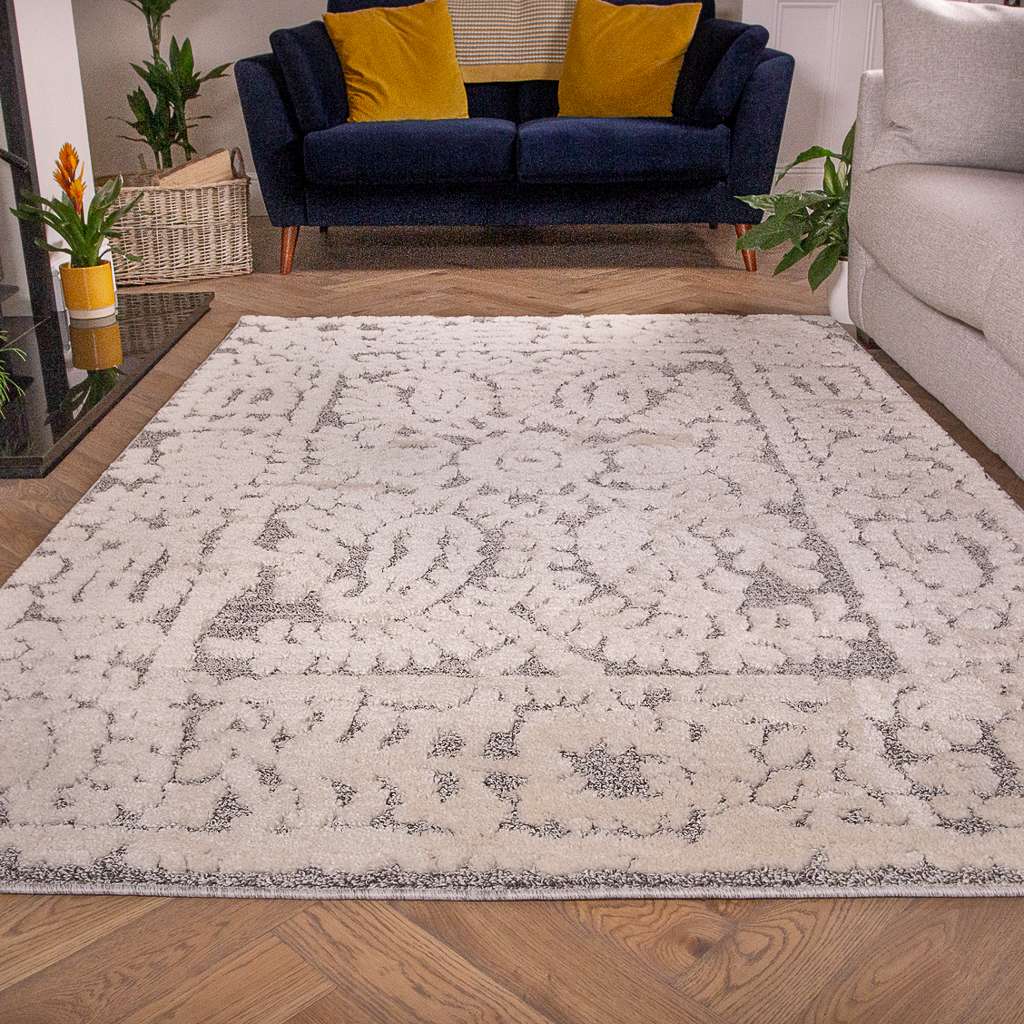 Grey White Textured Damask Scandi Rug - Image 2
