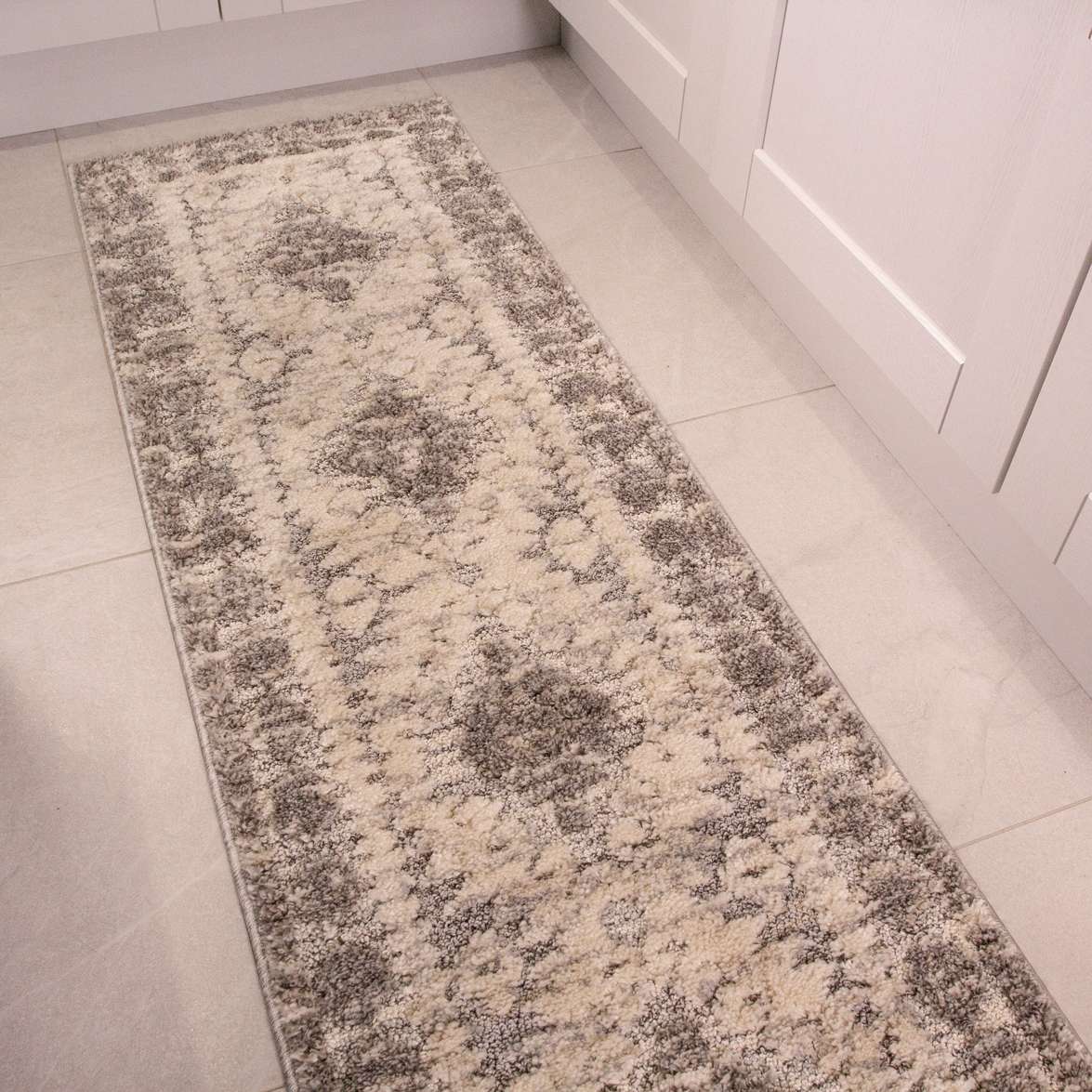 Grey White Textured Tribal Runner Rug - Image 2