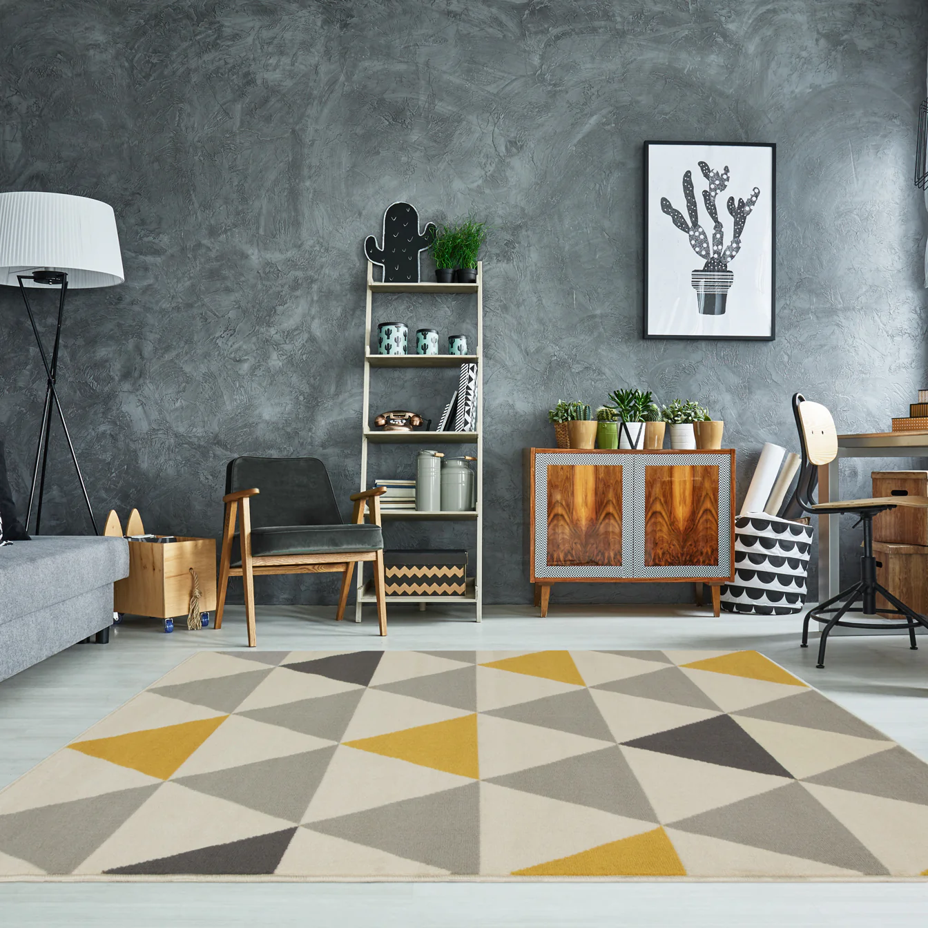 Large Yellow Grey Geometric Triangle Rug - Image 2
