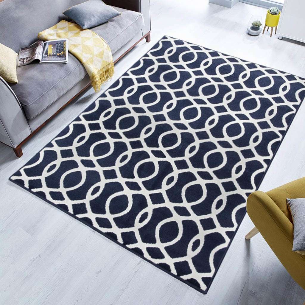 Navy Blue Modern Trellis Bedroom Rug - Image 3