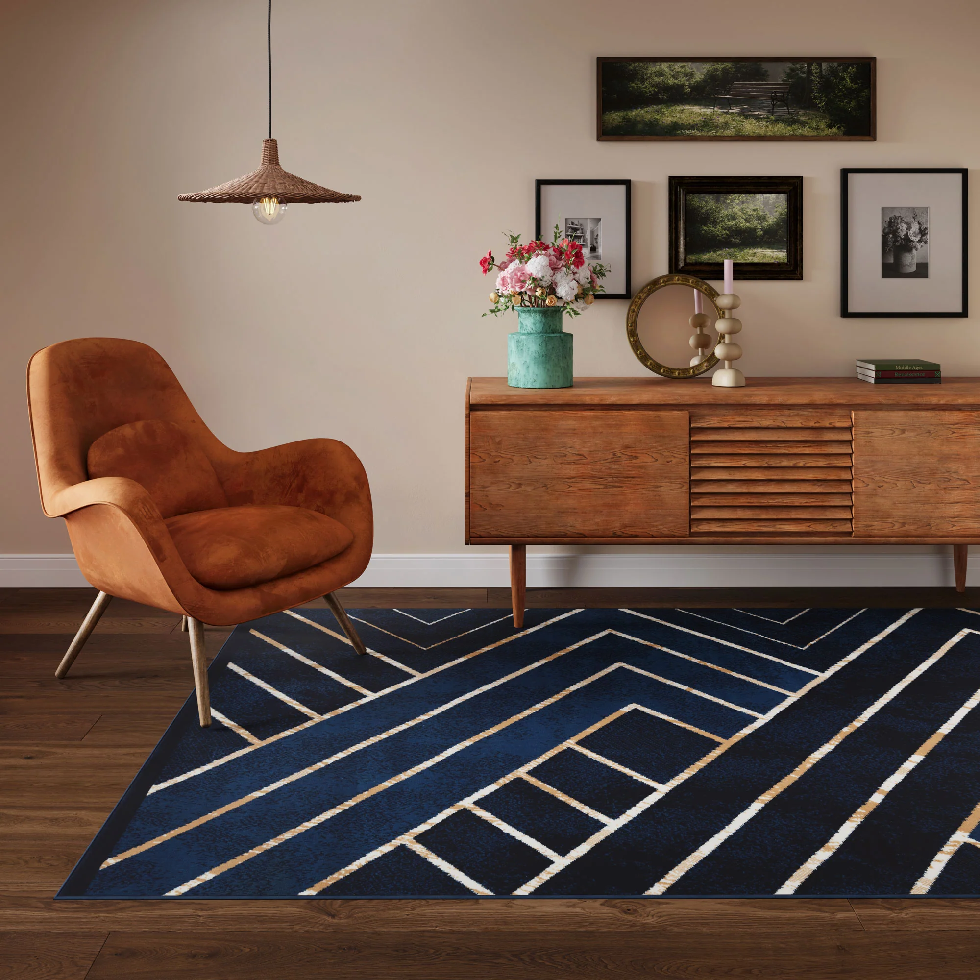 Navy Gold Art Deco Contempary Area Rug - Image 3