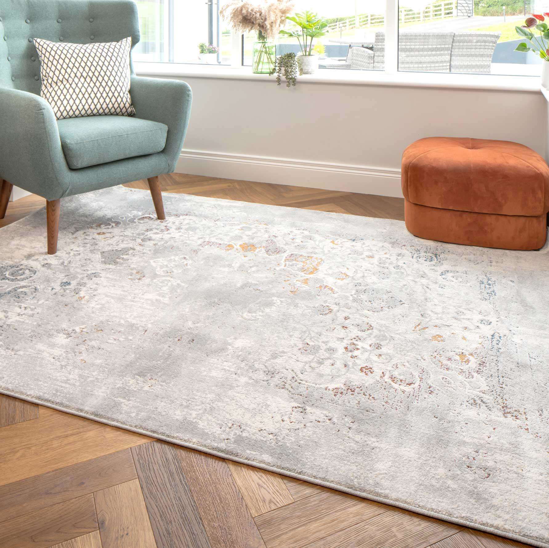 Ornate Soft Grey Distressed Medallion Living Room Rug - Meredith - Image 3