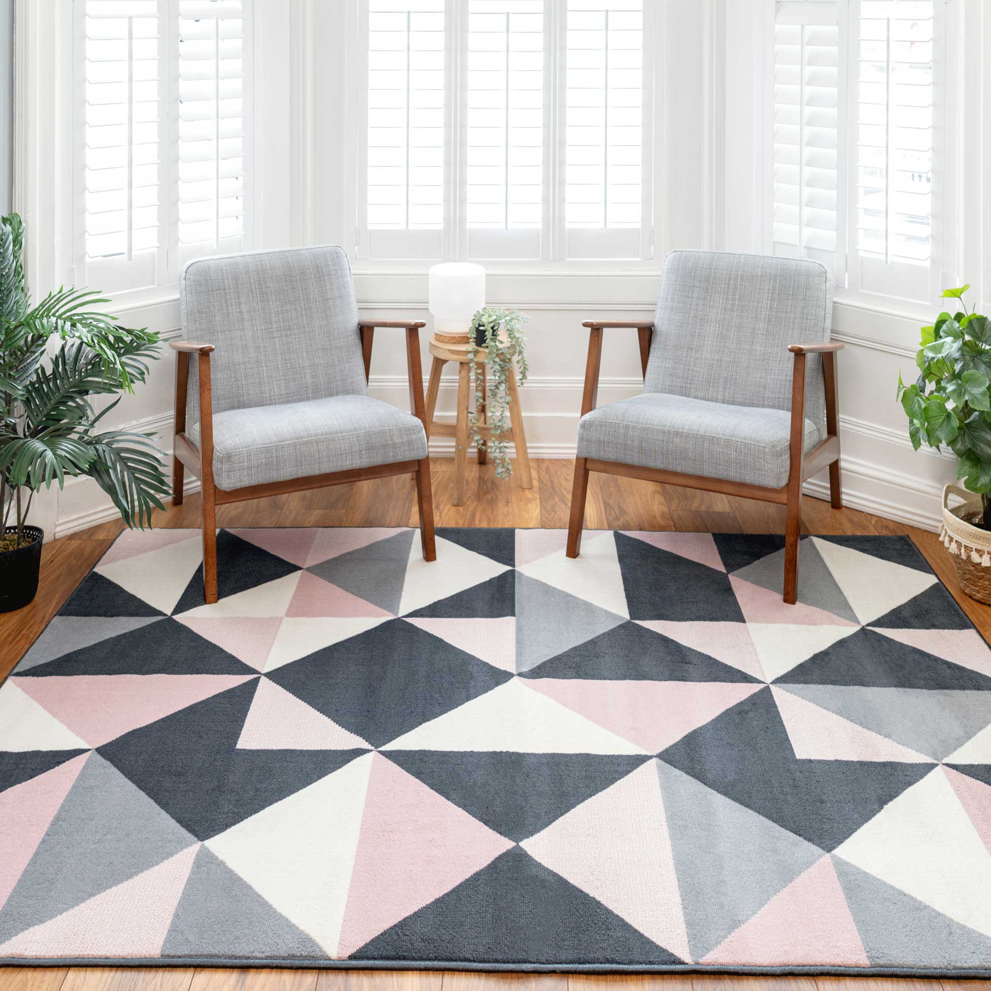 Pink Grey Diamond Geometric Living Room Rug - Image 3