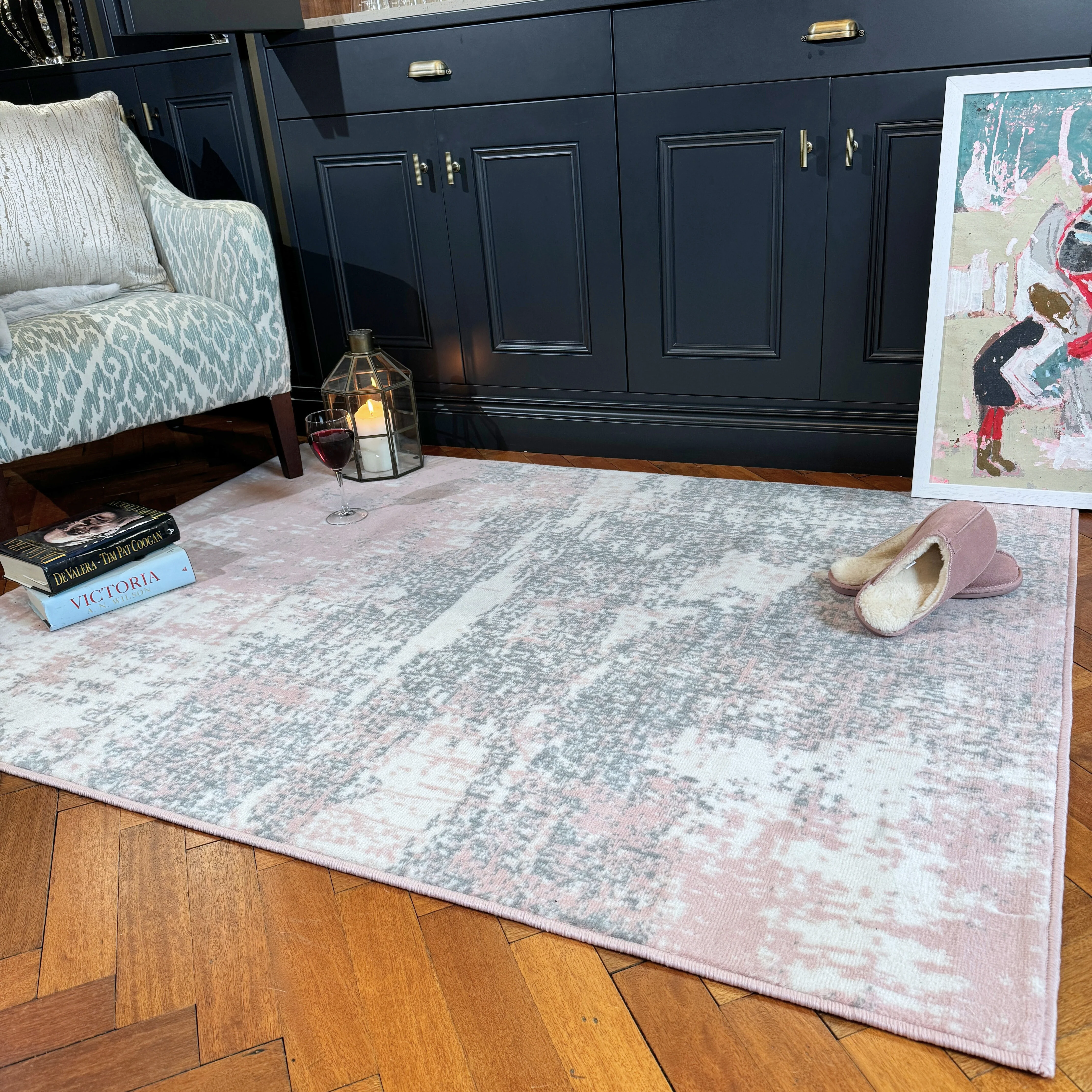 Pink Grey Distressed Worn Look Living Room Rug - Milan - Image 7