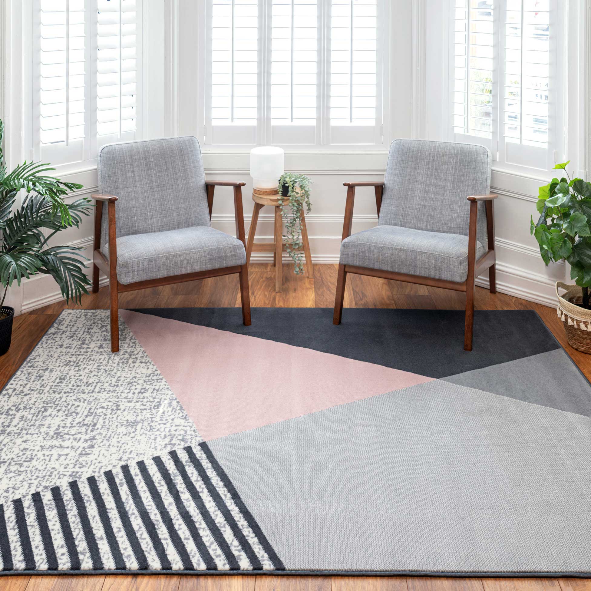Pink Grey Modern Geometric Bedroom Rug - Image 3