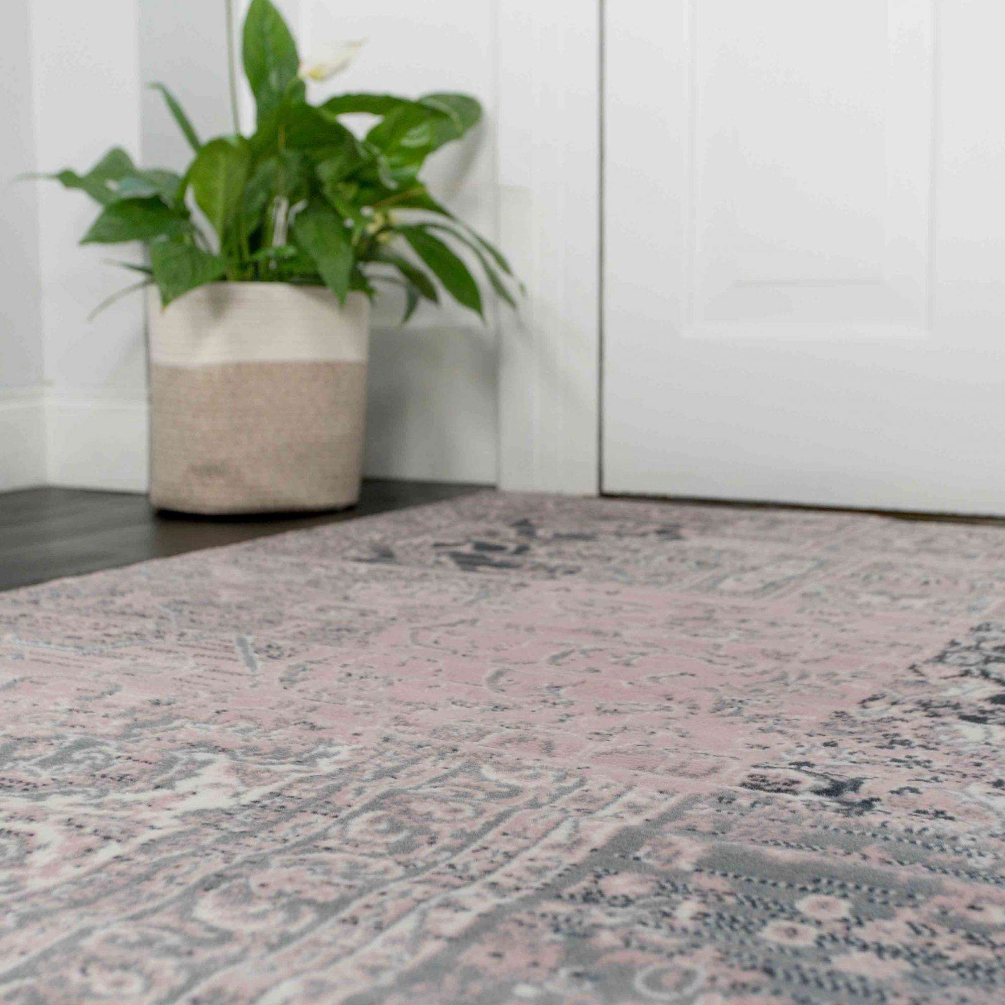 Pink Grey Traditional Patchwork Living Room Rug - Image 3