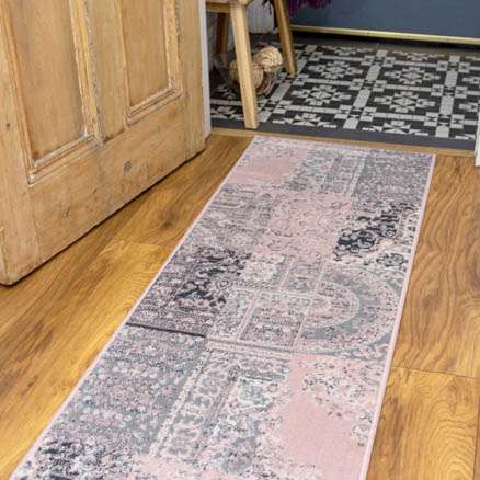 Pink Grey Traditional Patchwork Living Room Rug - Image 5