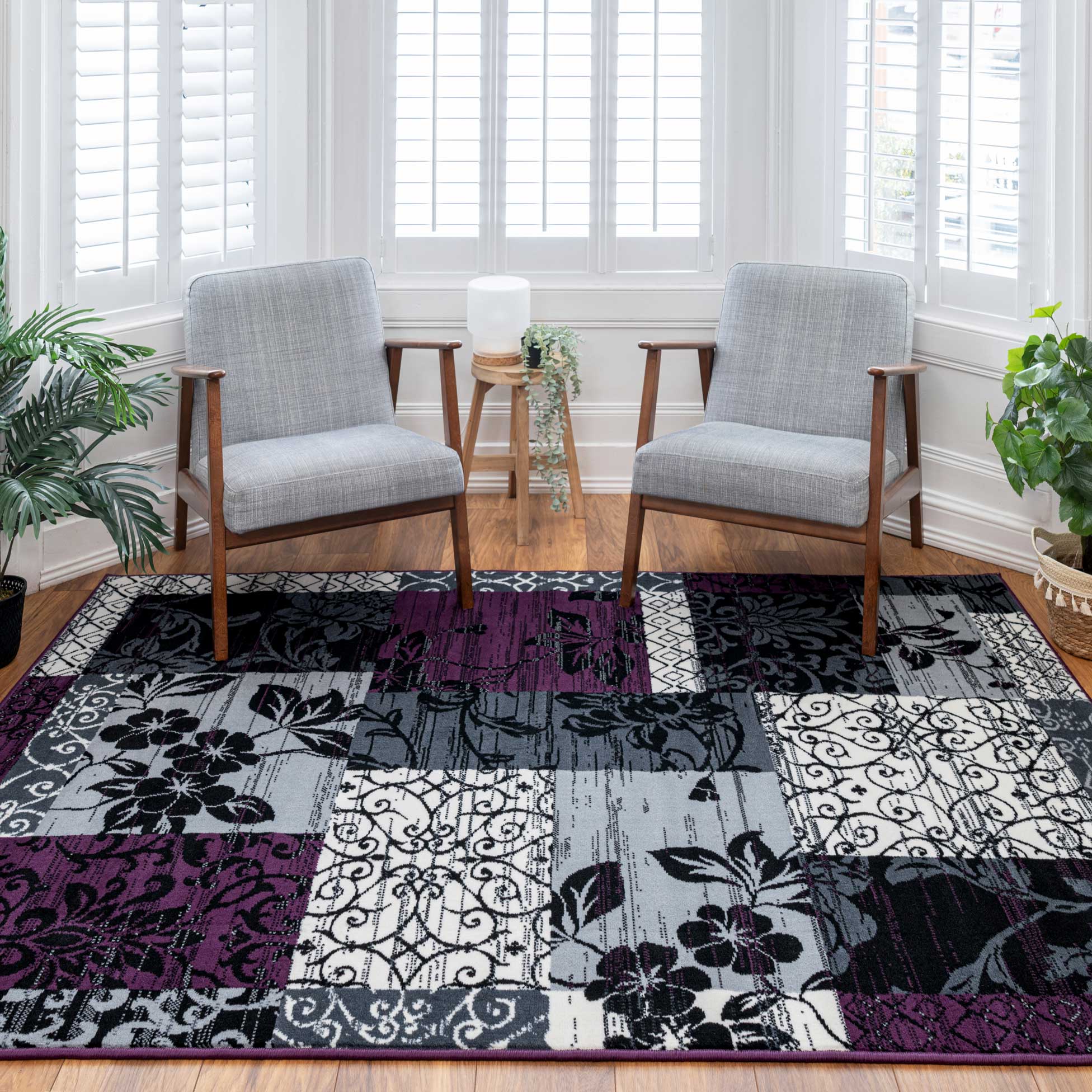 Purple Grey Modern Patchwork Bedroom Rugs - Image 3
