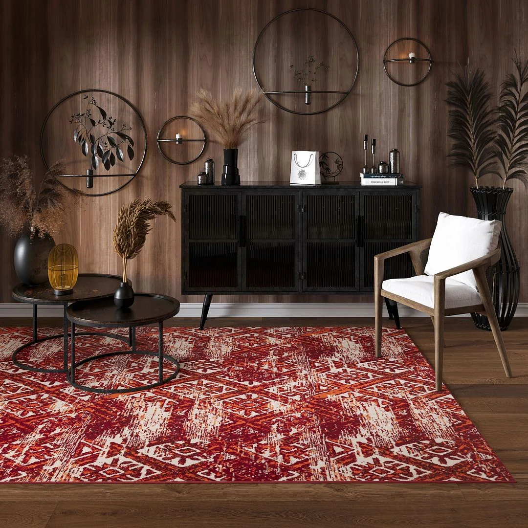 Red Orange Patterned Living Room Rug - Image 3