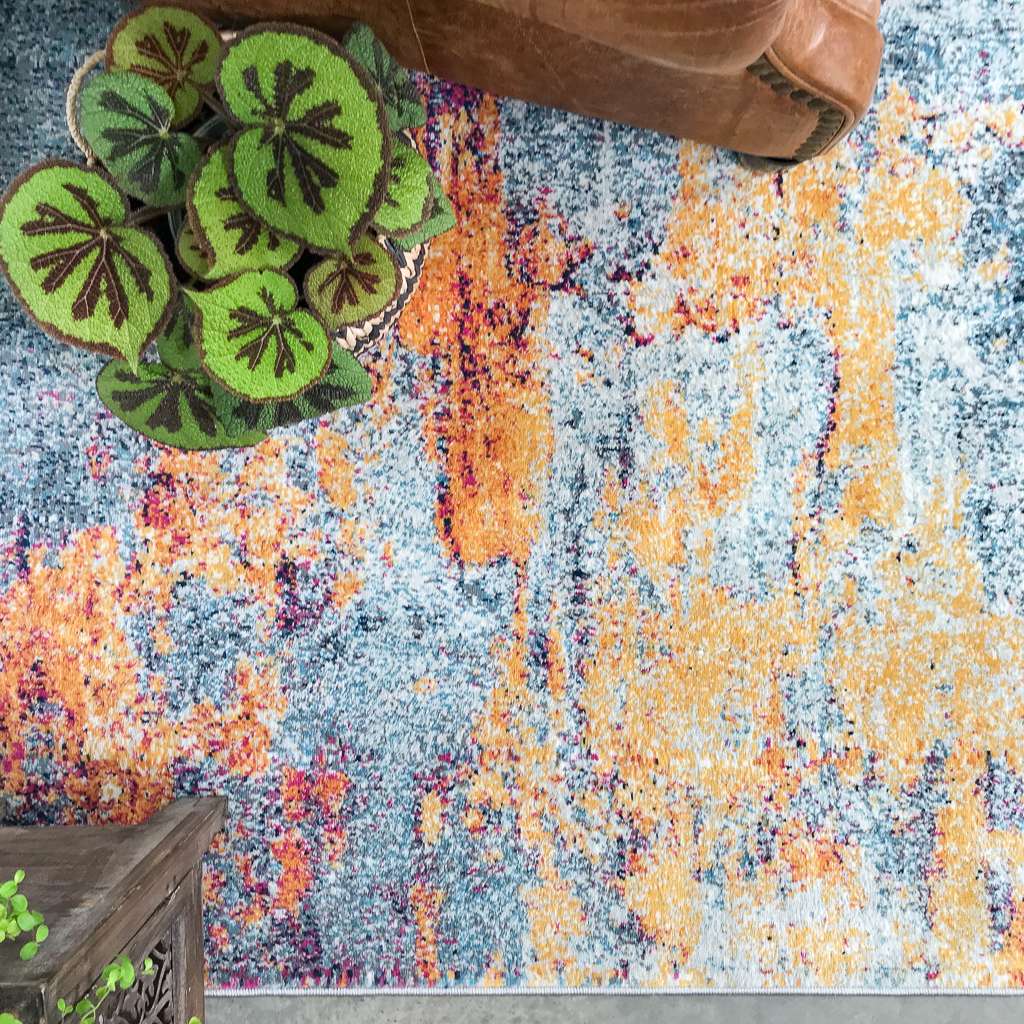 Round Circle Gold Blue Distressed Living Room Rug - Image 5