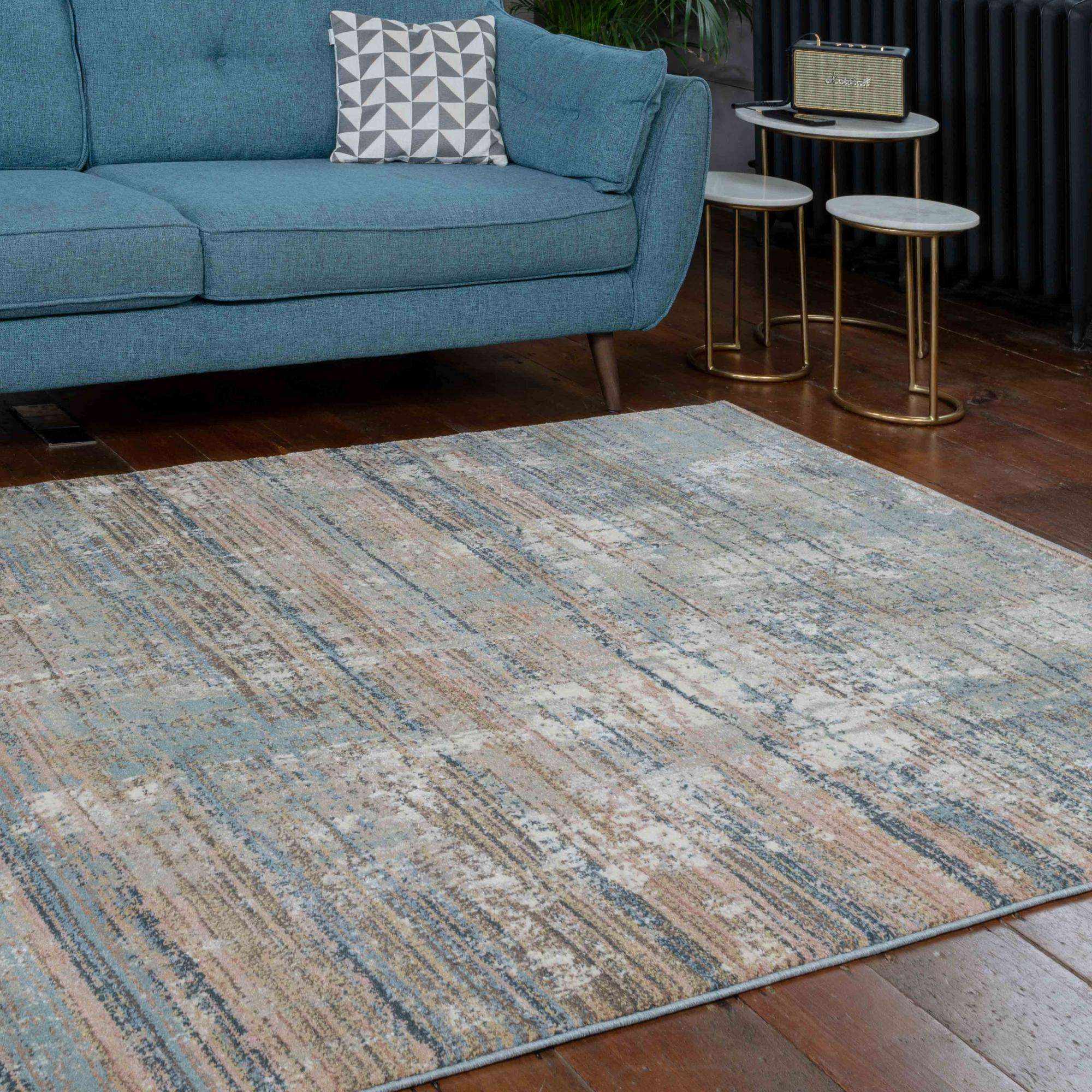 Soft Modern Blue Distressed Scratched Effect Runner Rugs - Image 3