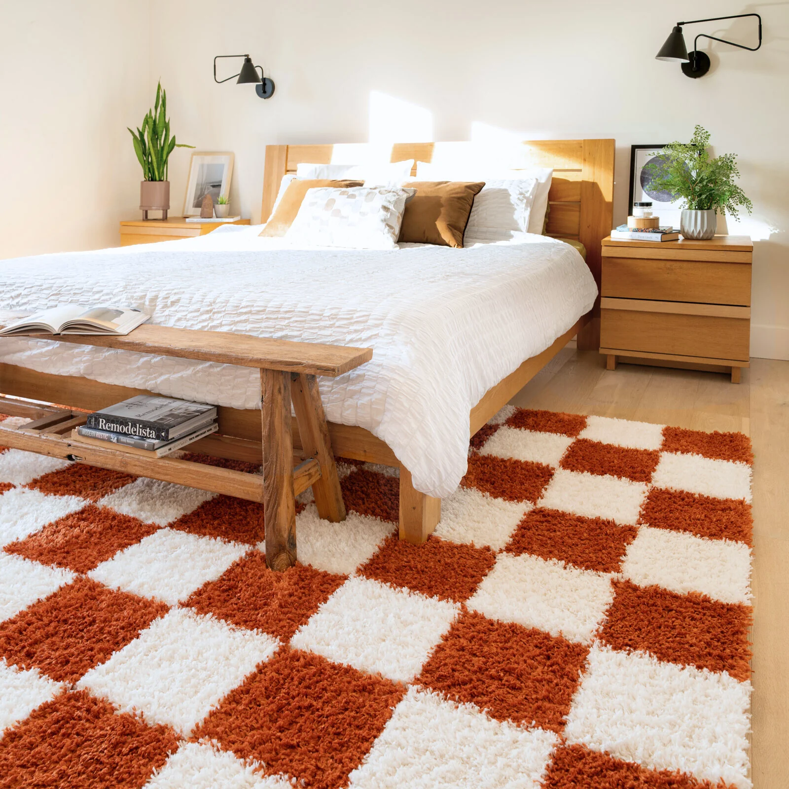 Soft Rust Checkerboard Shaggy Rug - Gigi - Image 3