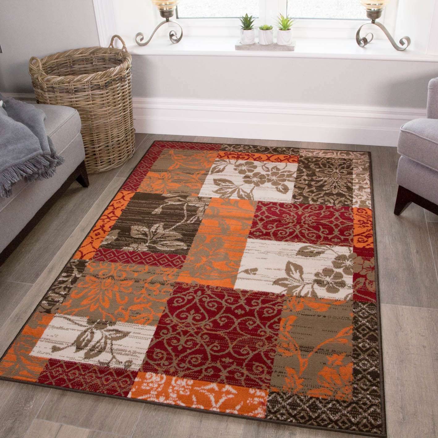 Terracotta Red Warm Patchwork Living Room Rug - Image 3