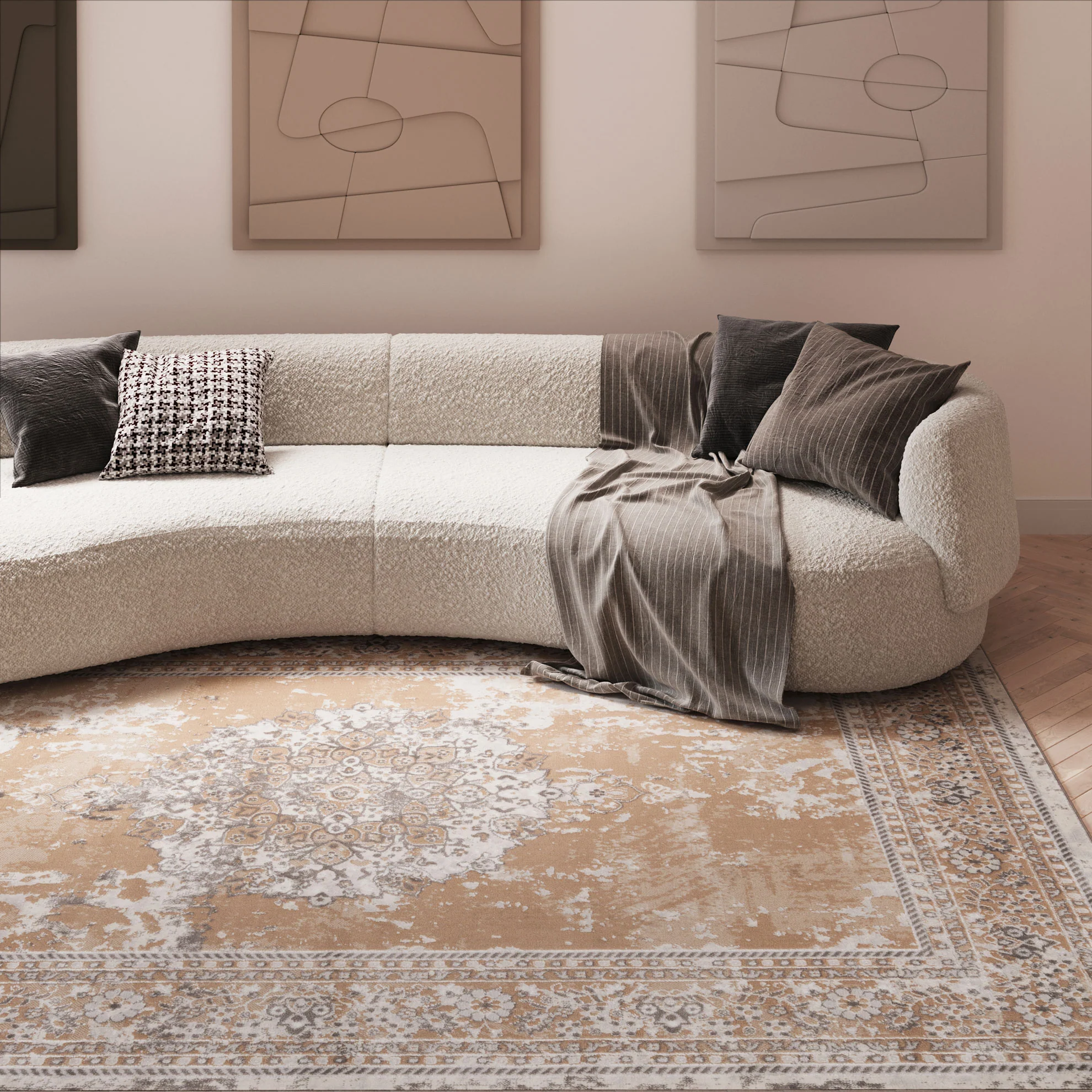 Traditional Distressed Beige Area Rug - Victoria - Image 3