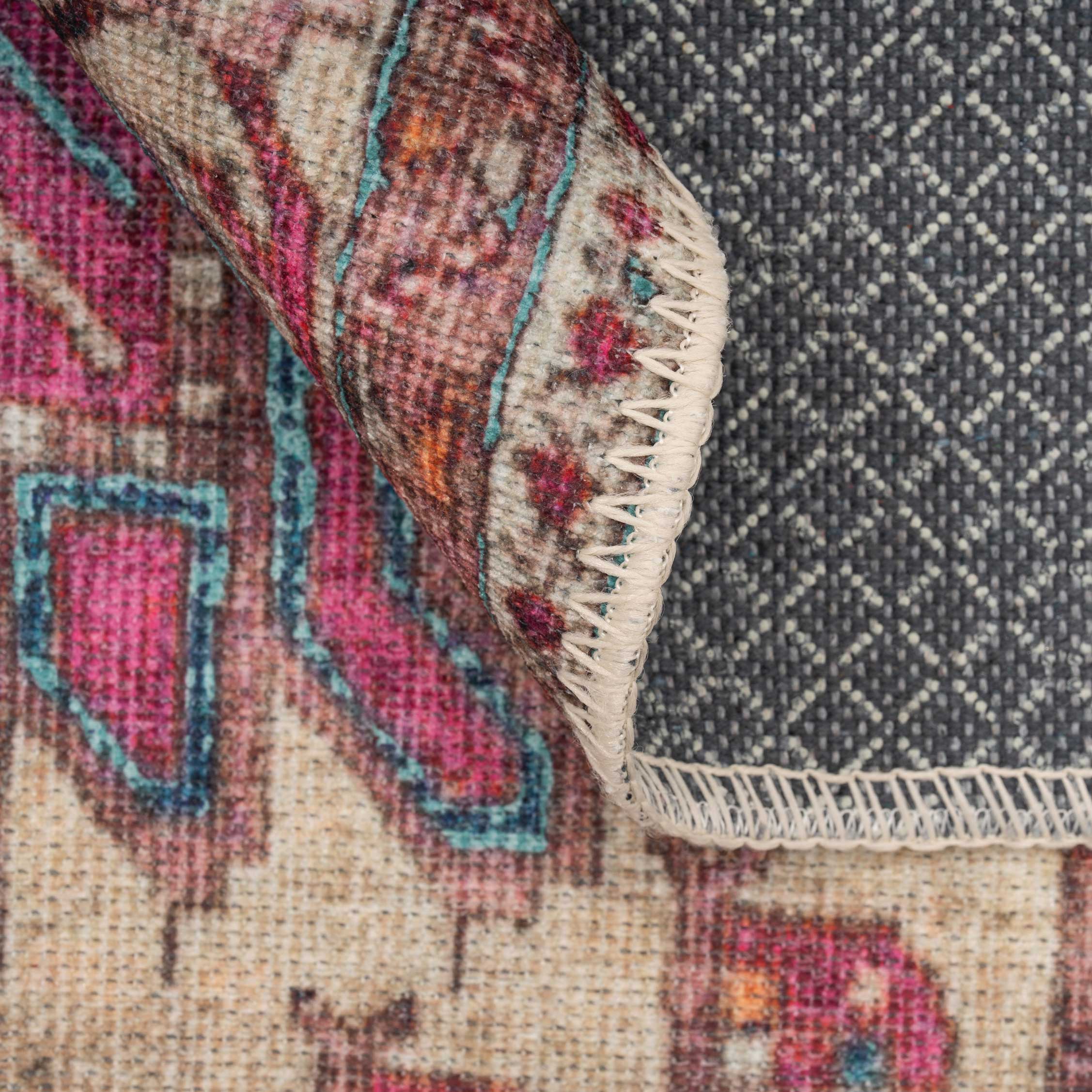 Flatwoven Washable Vibrant Teal Pink Distressed Boho Rug - Clarissa - Image 6