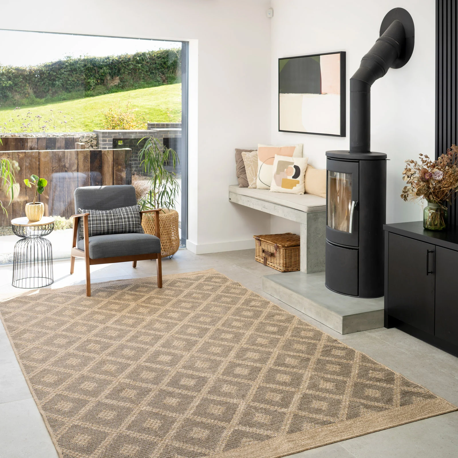 Washable Beige Diamond Jute Style Rug - Thea - Image 4