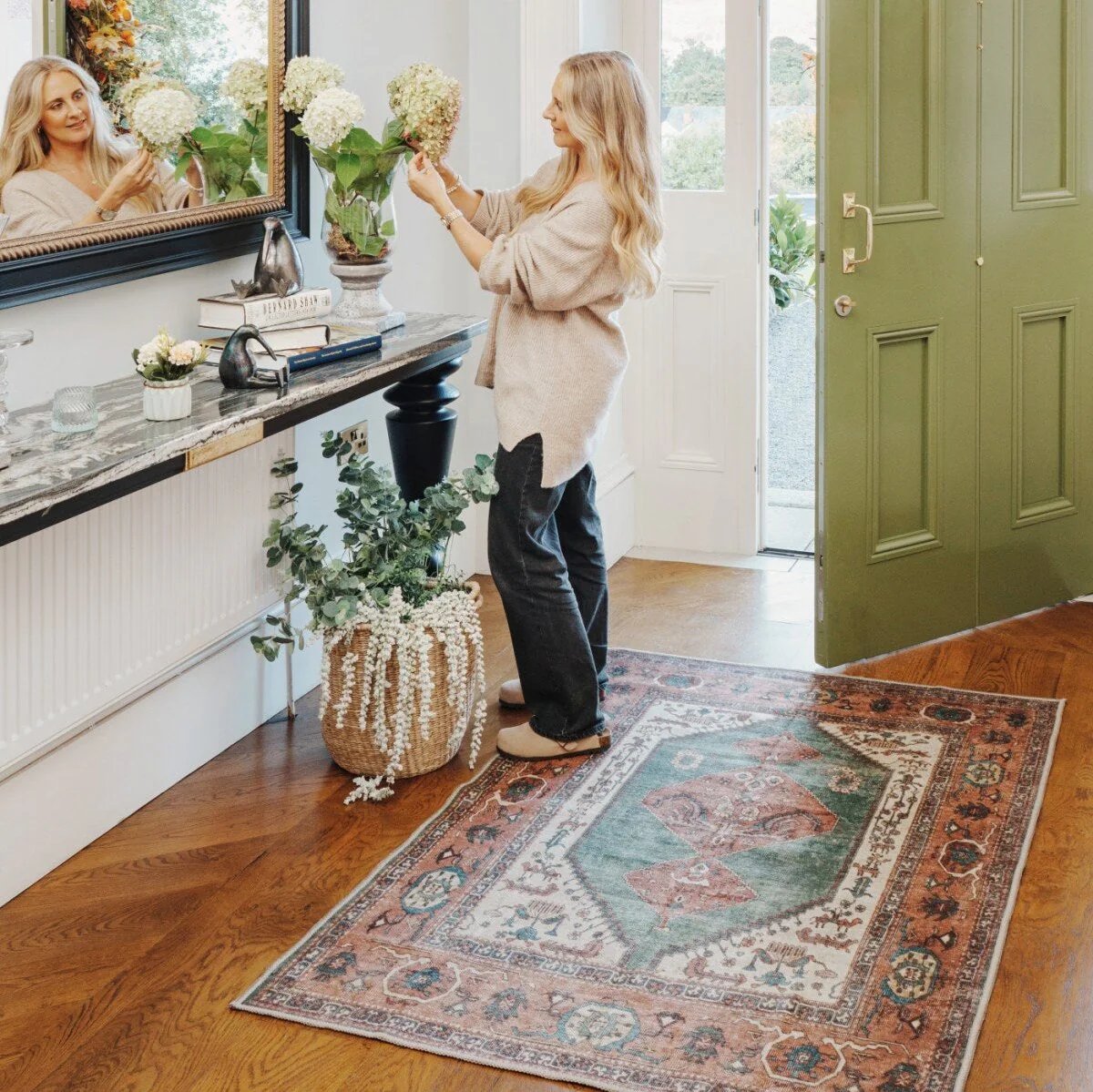 Flatwoven Washable Distressed Terracotta Green Boho Rug - Faro - Image 7
