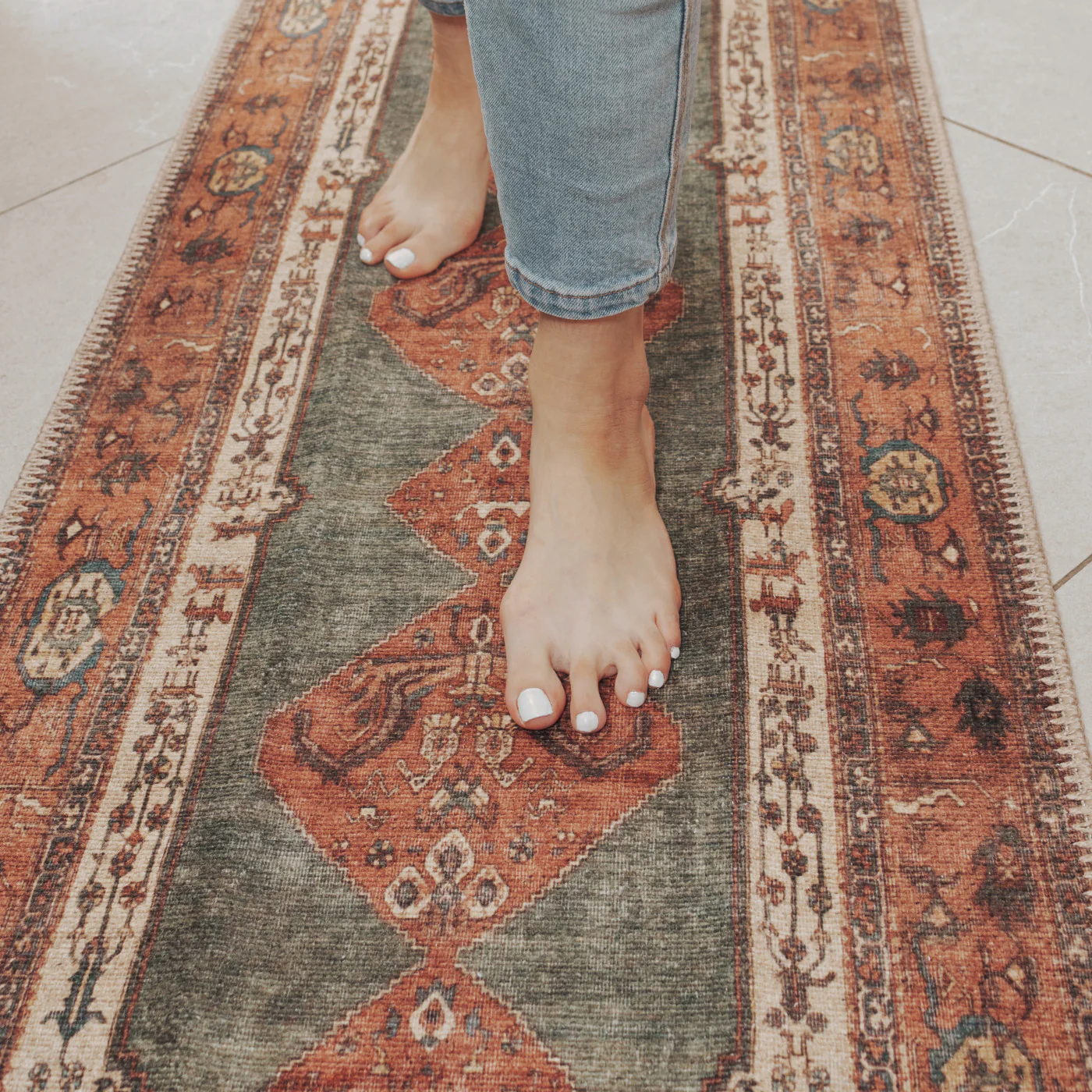 Flatwoven Washable Distressed Terracotta Green Boho Rug - Faro - Image 14
