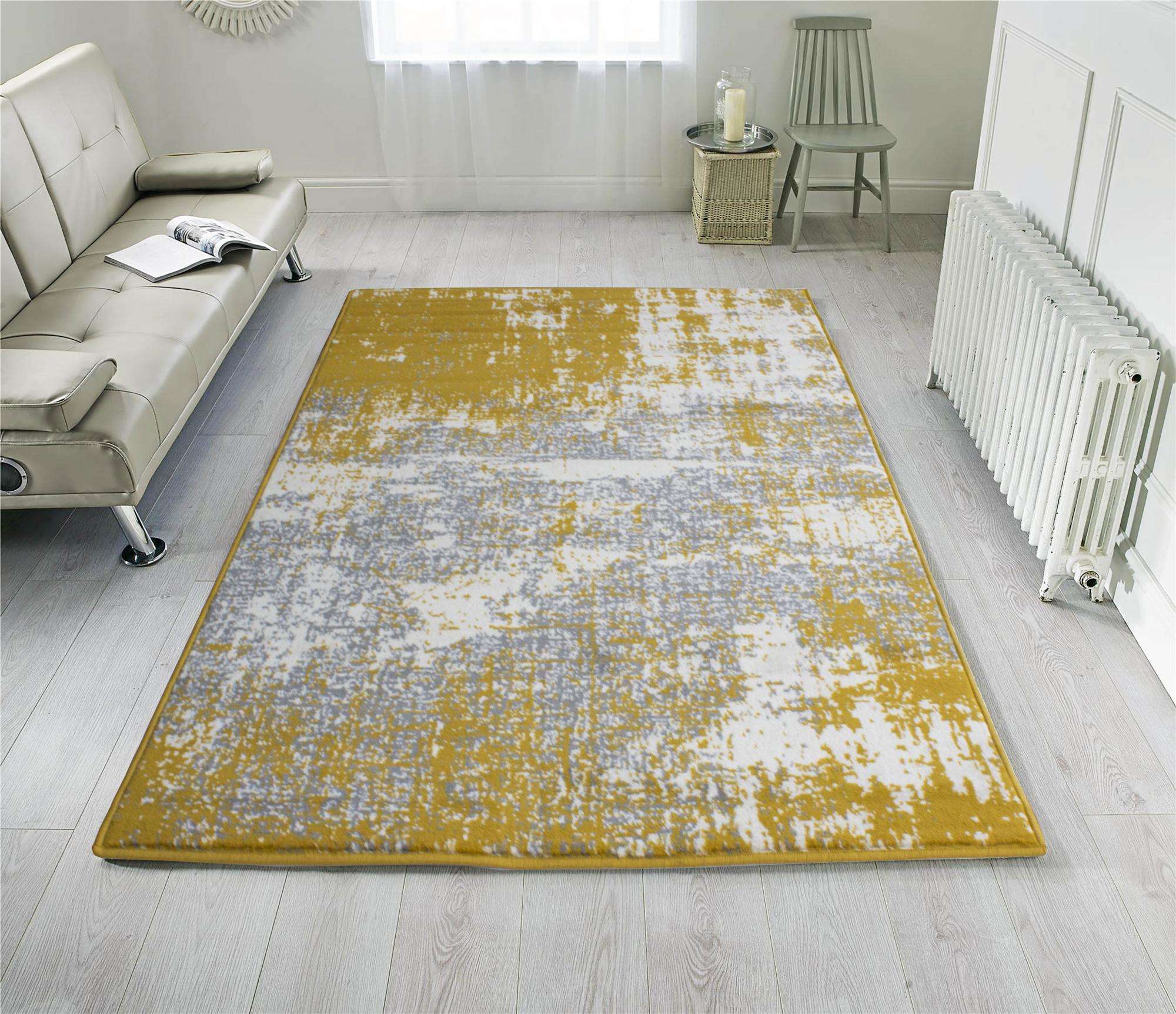 Yellow Grey Distressed Worn Look Living Room Rug - Image 2