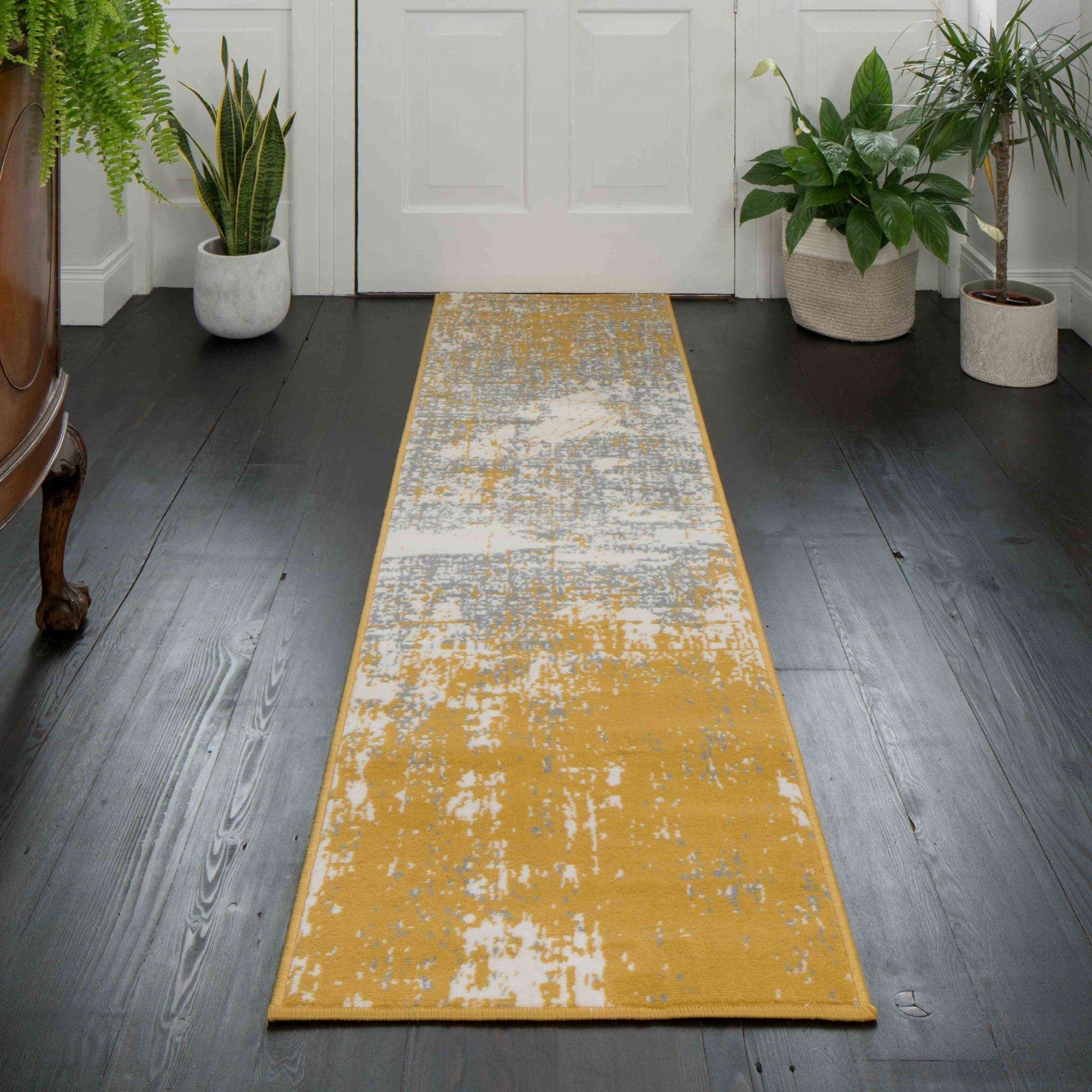 Yellow Grey Distressed Worn Look Living Room Rug - Image 4
