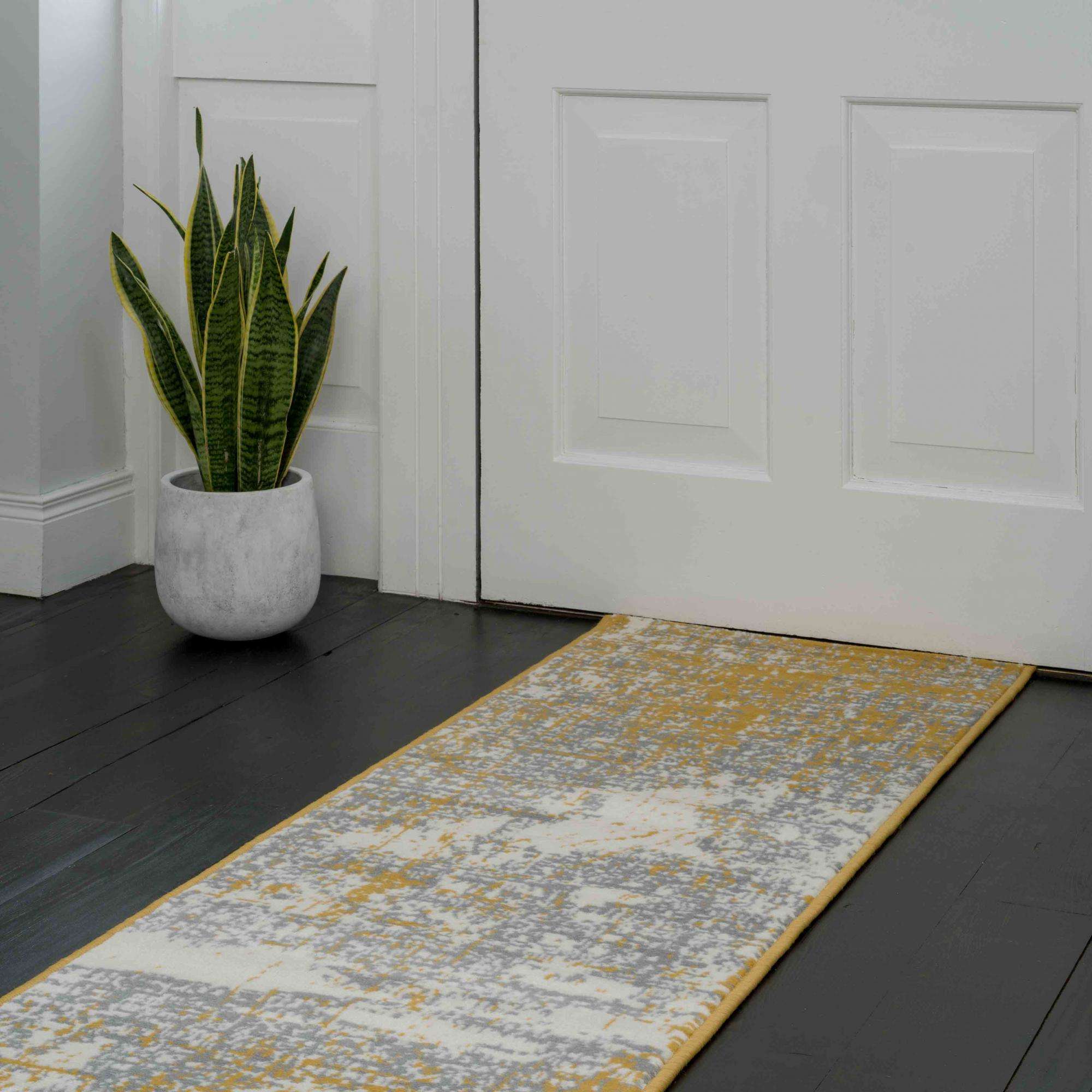Yellow Grey Distressed Worn Look Living Room Rug - Image 6