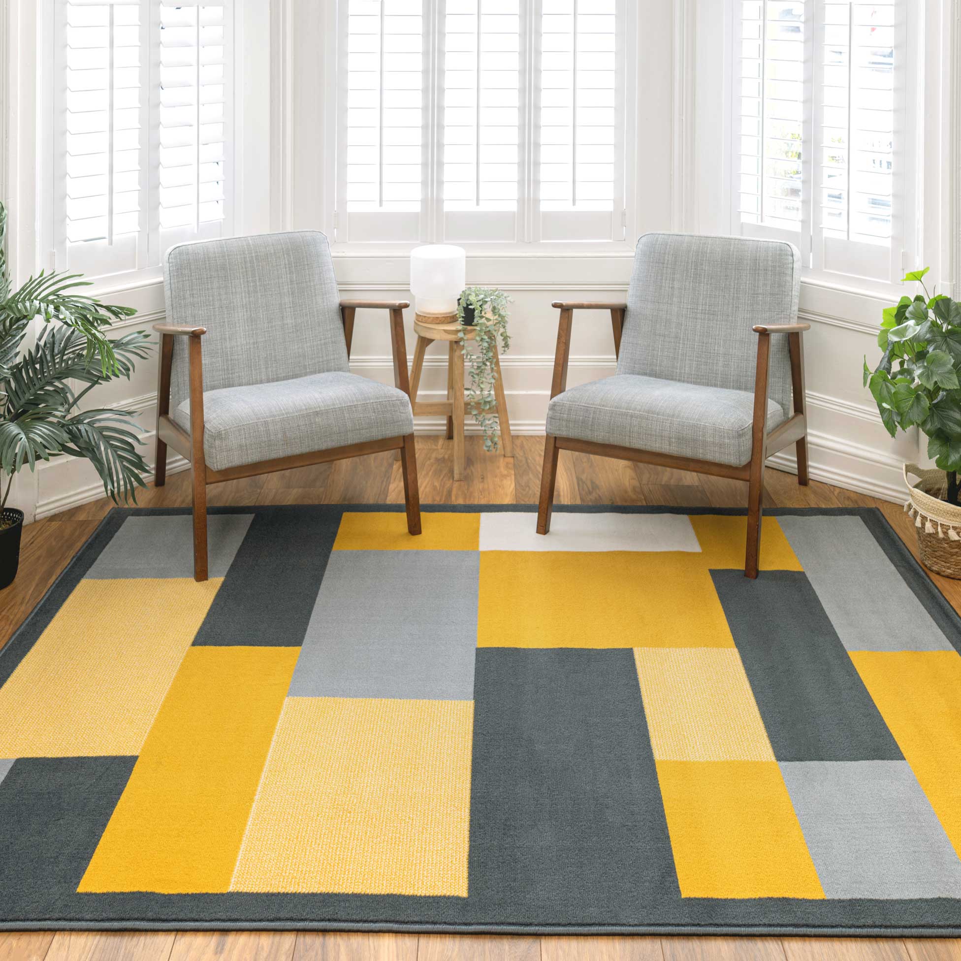 Yellow Grey Modern Geometric Bedroom Rugs - Image 3